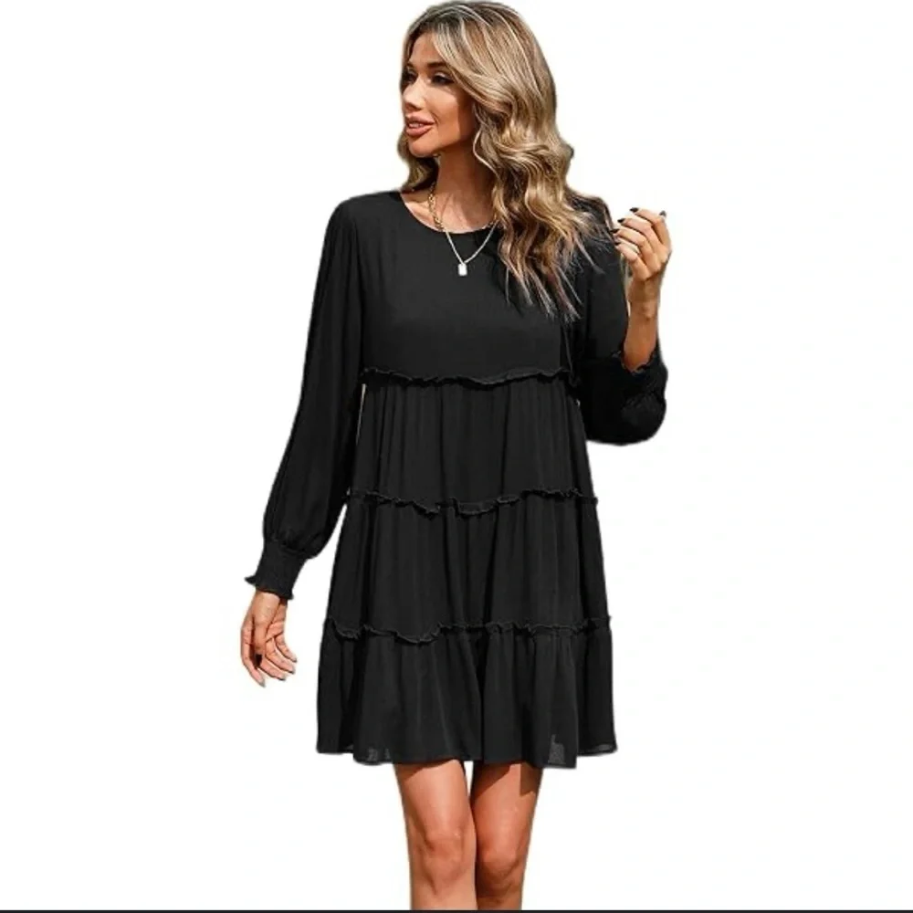 zara black ruffle dress Zara Black Eyelet Embroidered Puff Sleeve Ruffle Tiered A Line Mini Dr Brie
